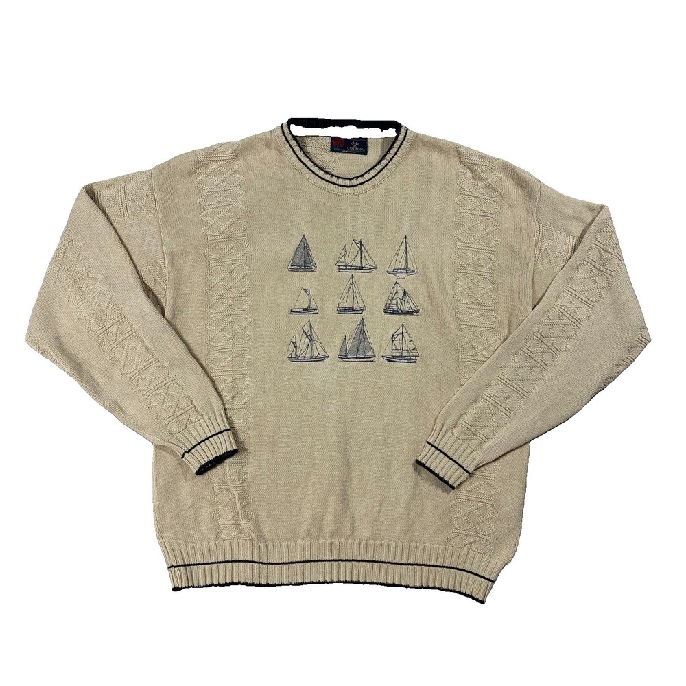 VTG Isle Of Cotton Embroidered Sailboat Crewneck Sweater Ivory Navy Men's M